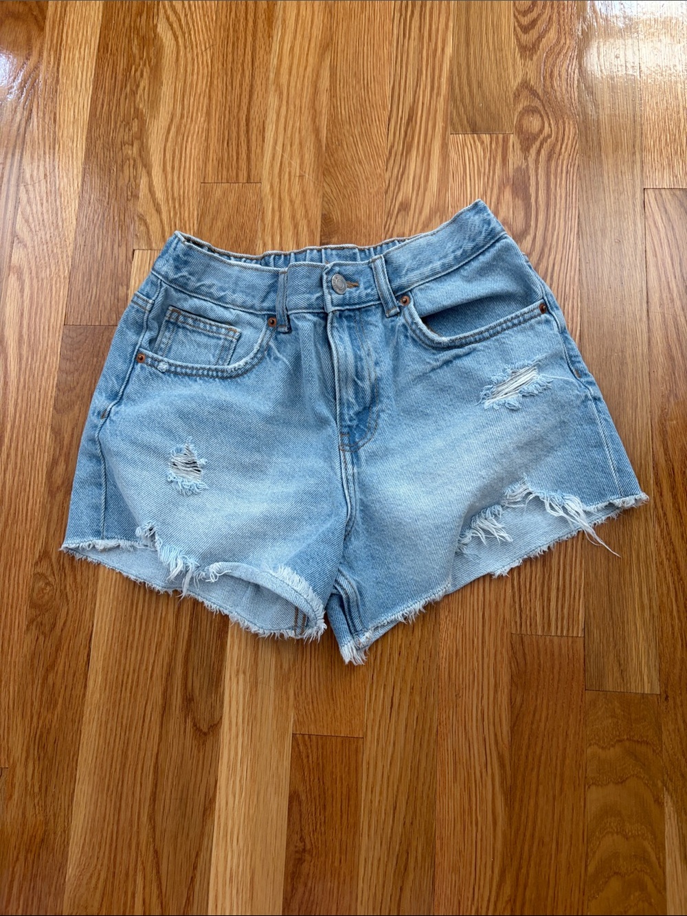 Zara Light Blue Distressed Denim Shorts